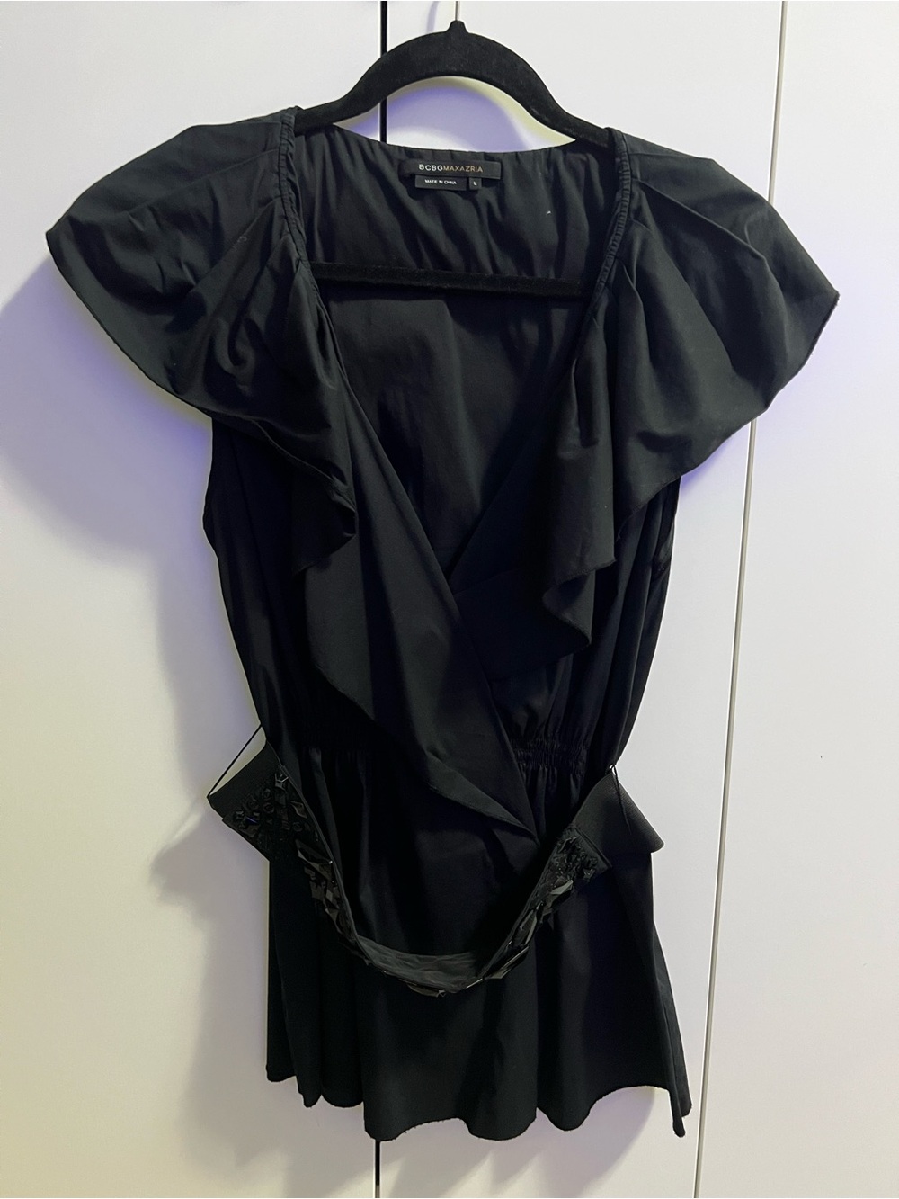 BCBGMaxAzria Black Ruffle Wrap-Style Mini Dress